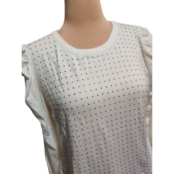 Joseph A L Womens Top Cream Long Sleeve Rhinestone Puff Shoulder Embellished - Picture 3 of 11